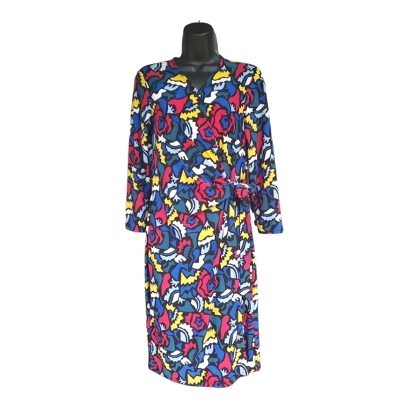 Anne Klein Multi Color Abstract Long Sleeve Faux Wrap Dress Size S - Picture 1 of 7